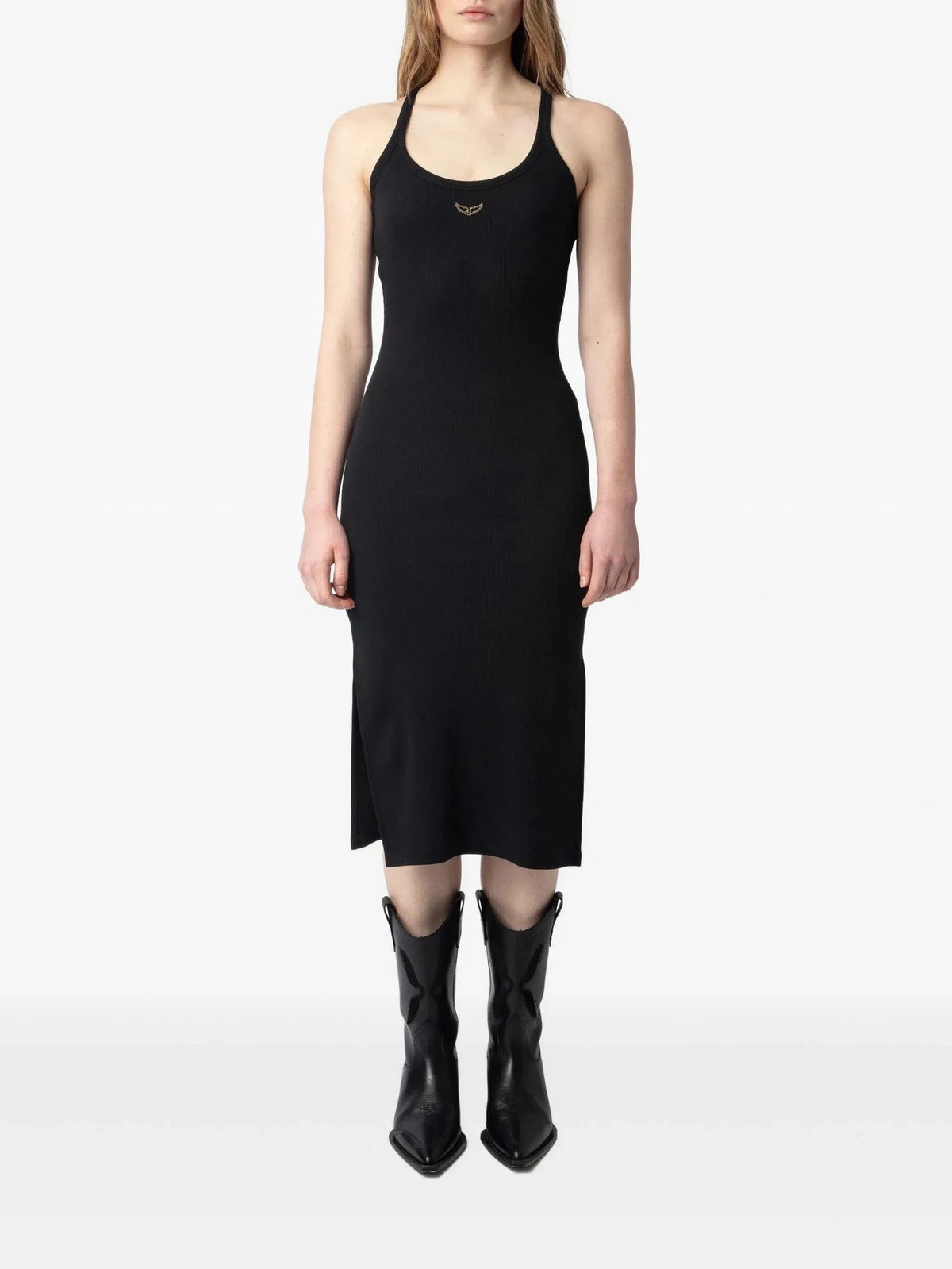 Fine-Ribbed Black Midi Dress