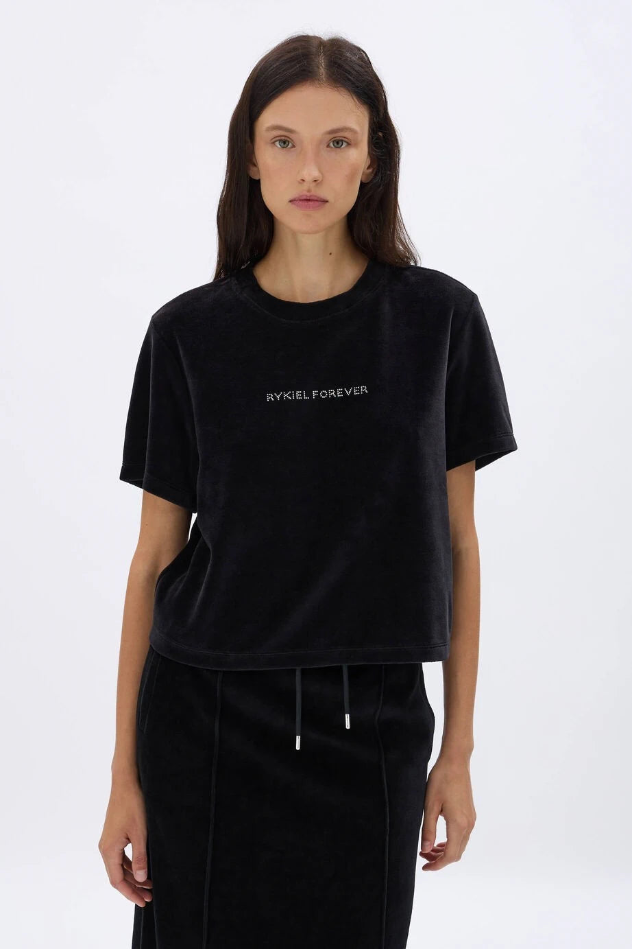 Cropped Velvet Rhinestone Black T-Shirt