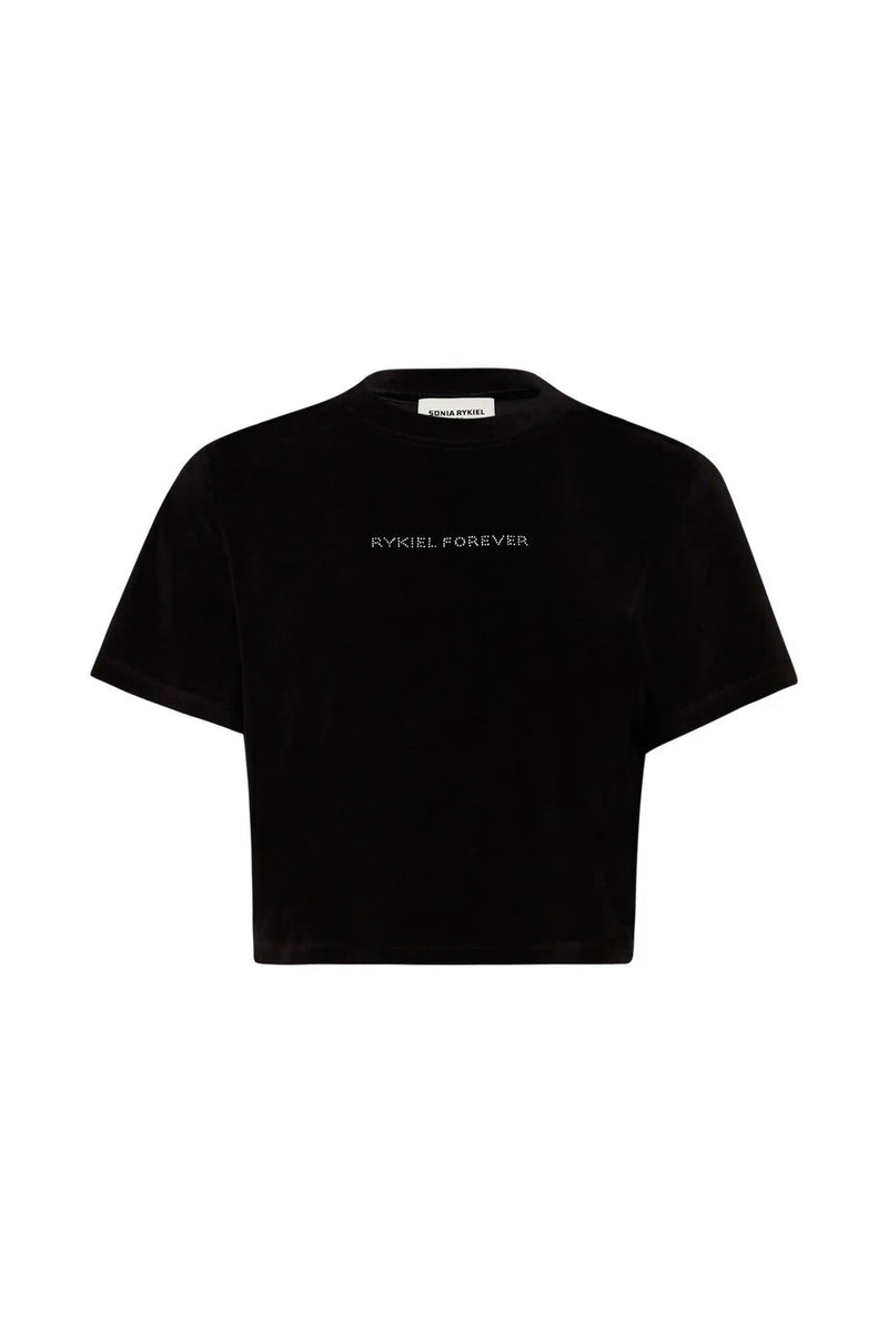 Cropped Velvet Rhinestone Black T-Shirt