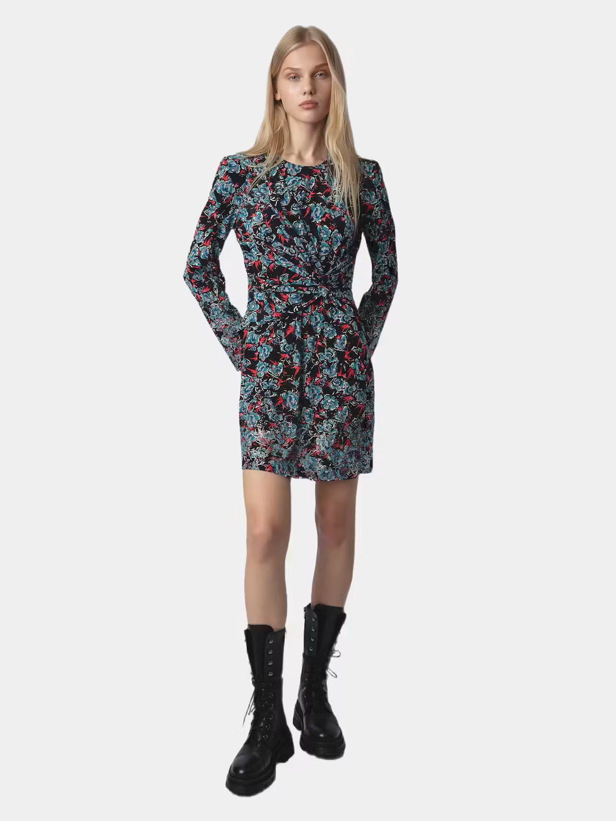 Floral-Print Black Minidress