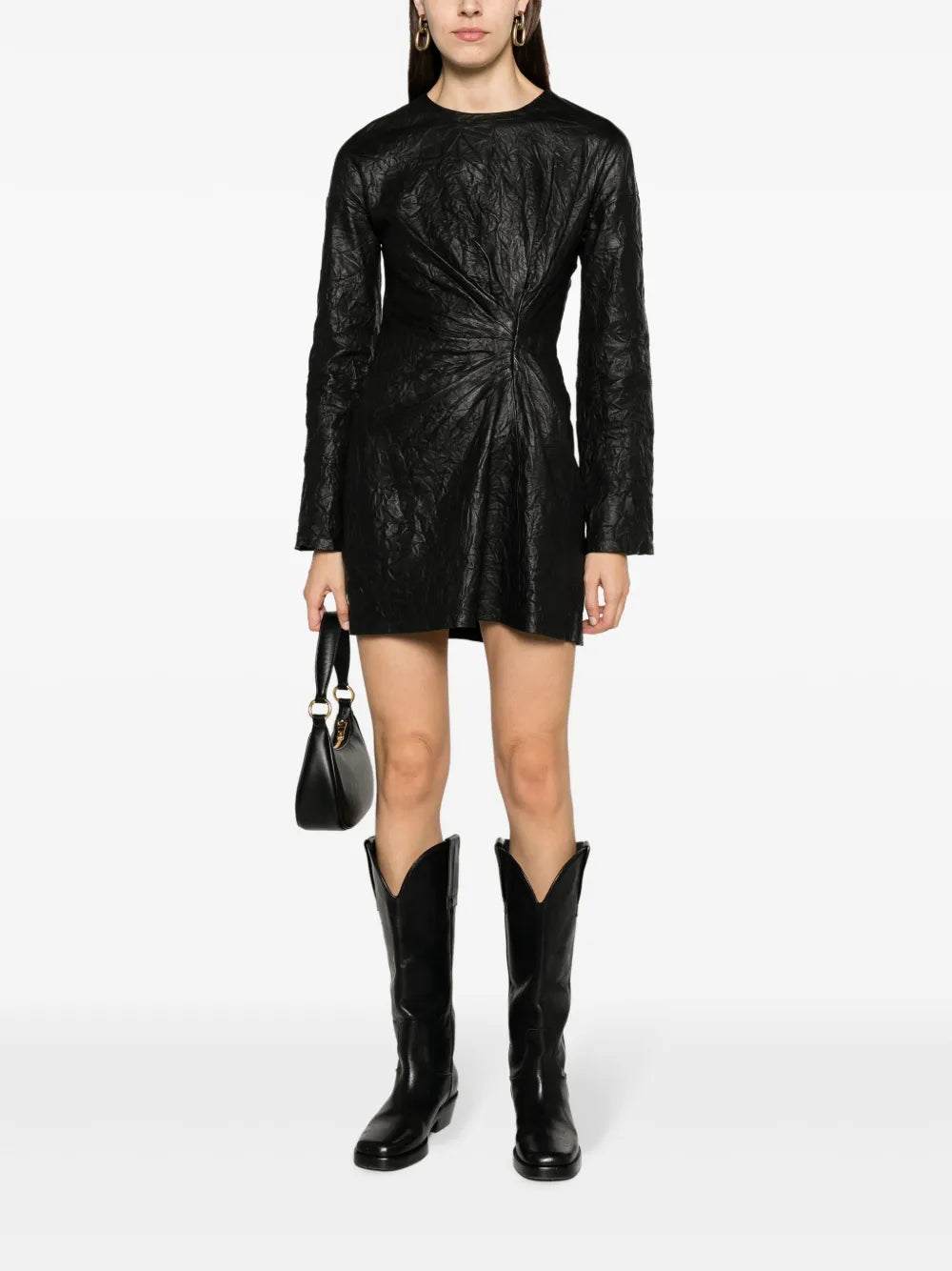 Gathered Leather Black Minidress