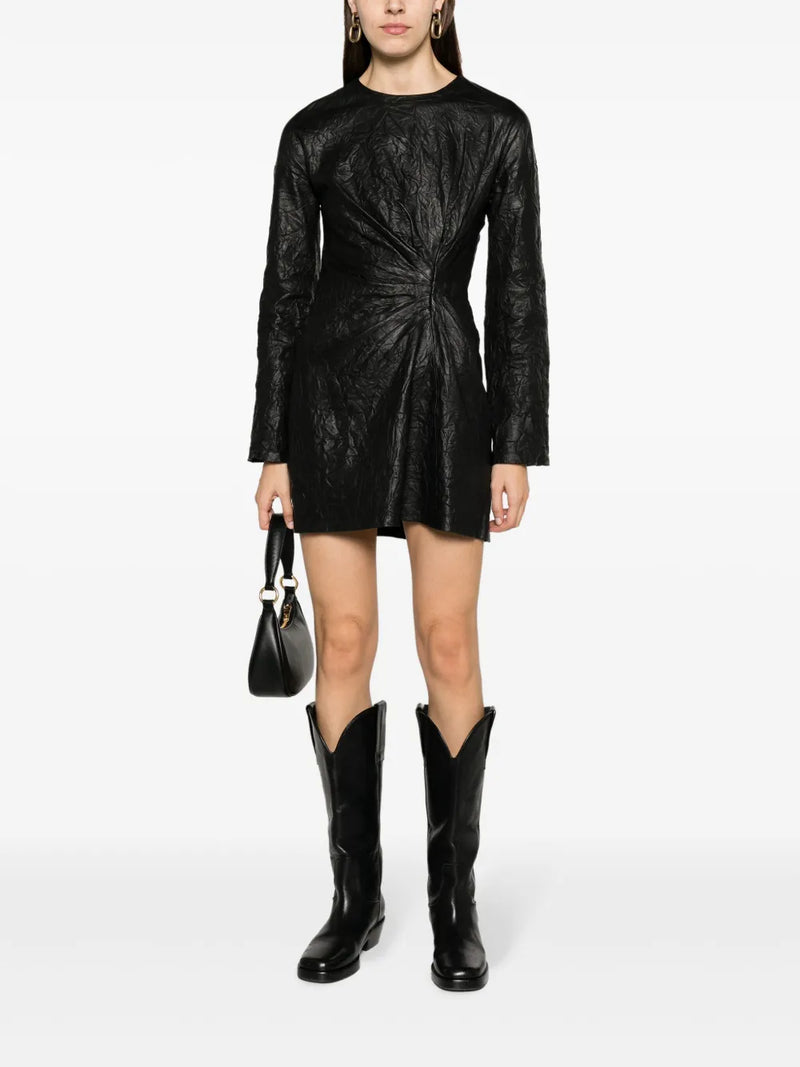 Gathered Leather Black Minidress