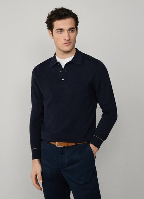 Cotton-Silk Long Sleeve Textured Knit Polo