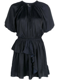 Puff-Sleeve Ruched Navy Dress