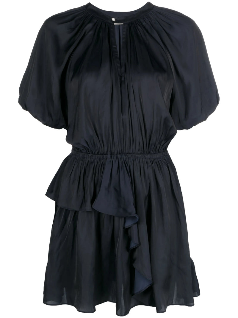 Puff-Sleeve Ruched Navy Dress