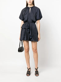 Puff-Sleeve Ruched Navy Dress