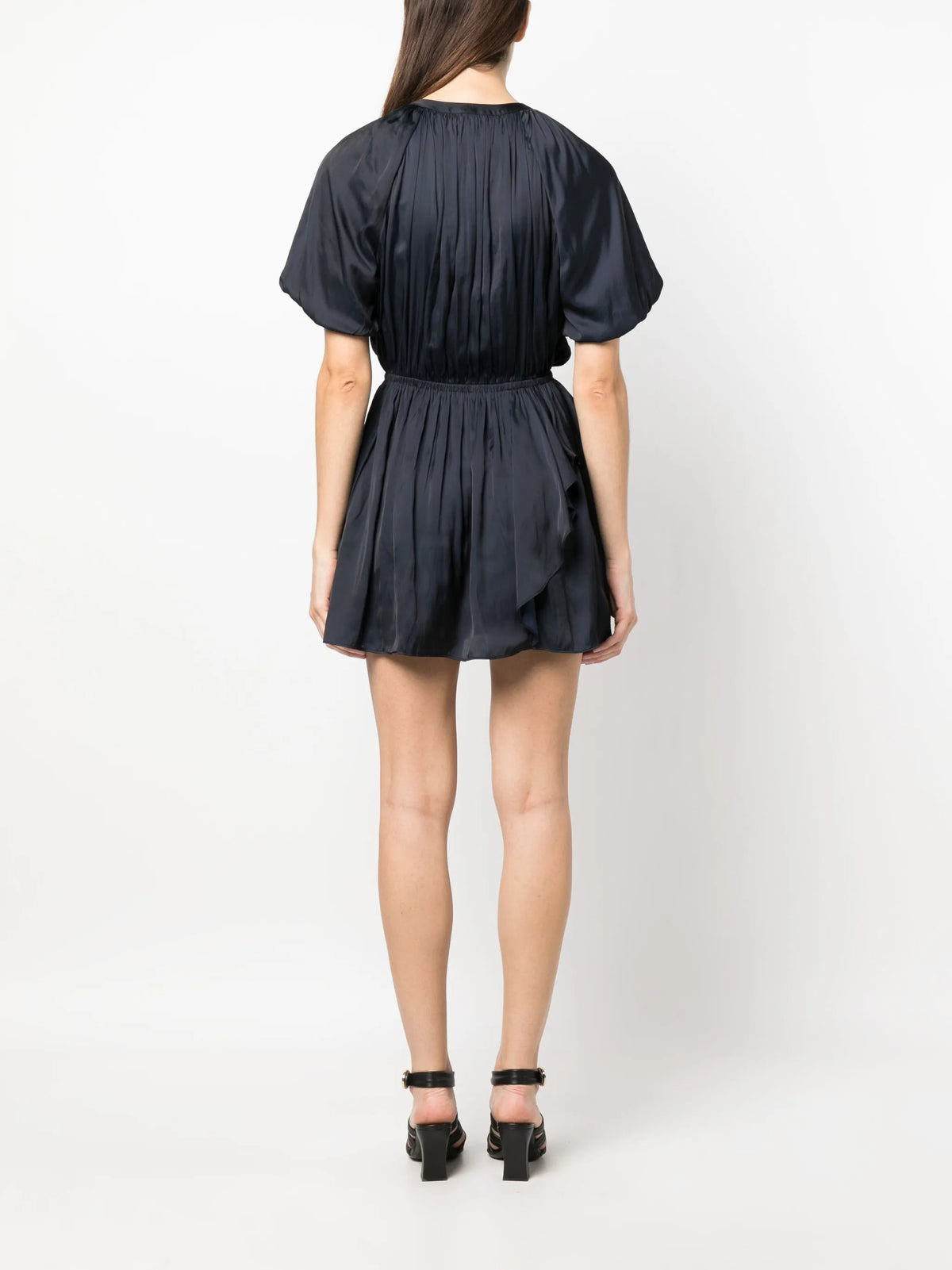 Puff-Sleeve Ruched Navy Dress