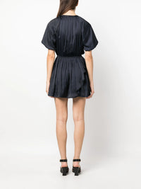 Puff-Sleeve Ruched Navy Dress