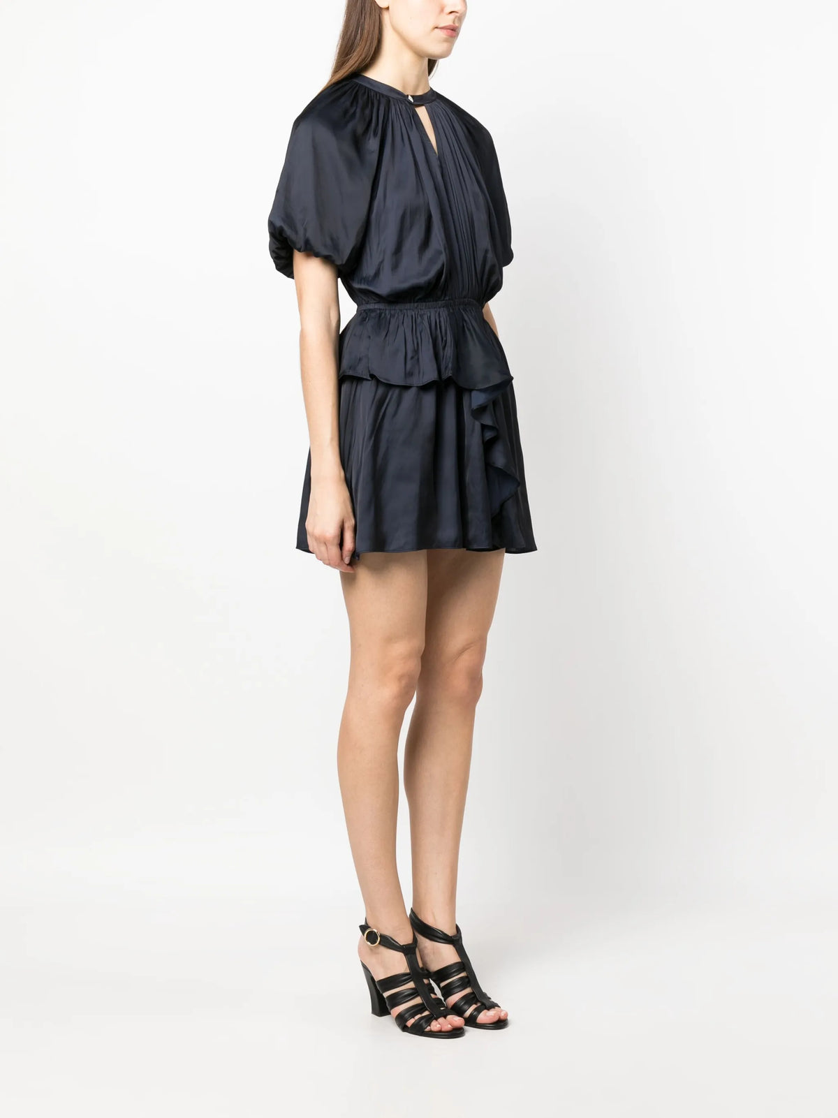 Puff-Sleeve Ruched Navy Dress