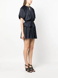 Puff-Sleeve Ruched Navy Dress