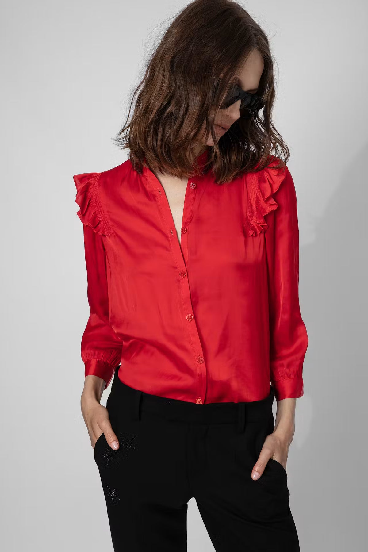 Ruffled-Trim Red Blouse