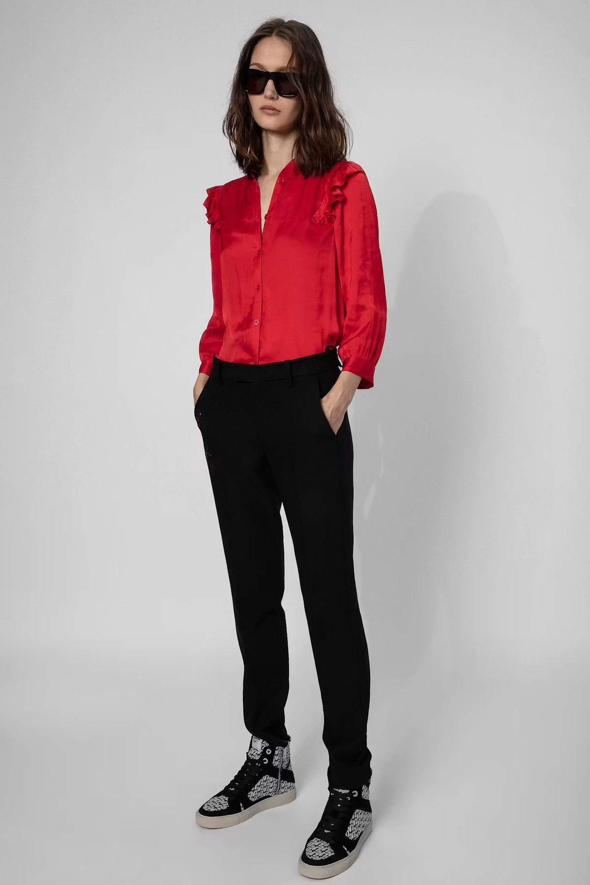 Ruffled-Trim Red Blouse