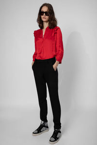 Ruffled-Trim Red Blouse