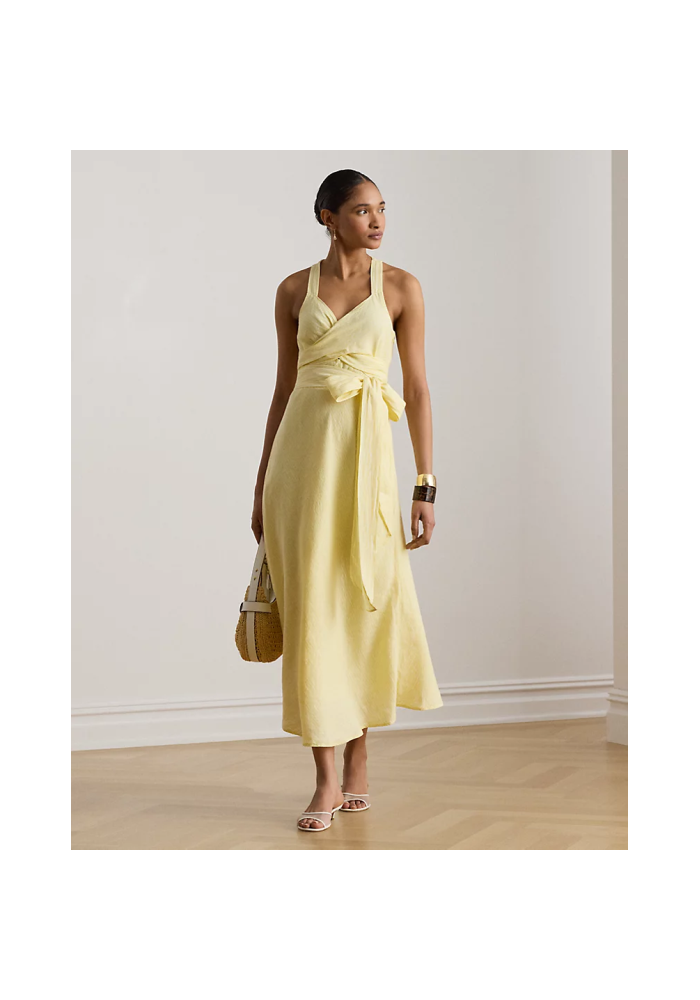 Striped Linen Wrap Midi Dress