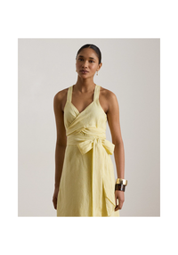 Striped Linen Wrap Midi Dress