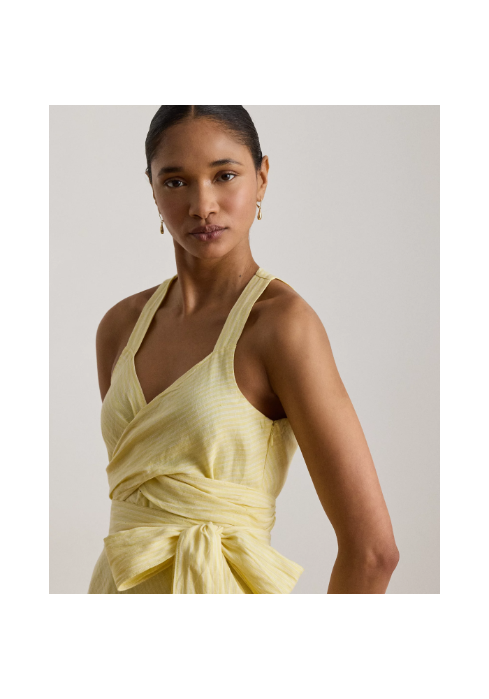 Striped Linen Wrap Midi Dress