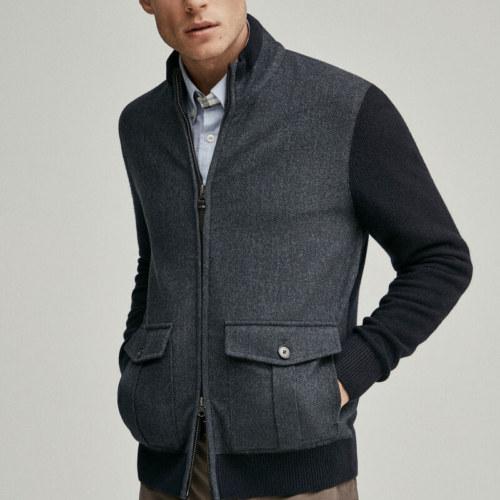 Navy Merino Wool Herringbone Front Cardigan